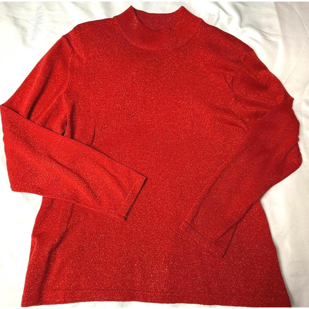 VINTAGE‎ YARNWORKS Women’s Sweater Large Red Metallic Knit Pullover Mock Neck